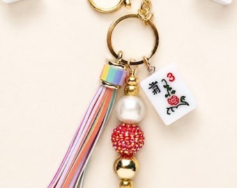 Mahjong Keychain  | Customizable | Gold-Tone, Tile Charm, Tassel, Beaded Bag Accessory