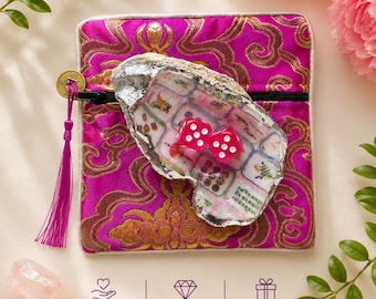 Handmade Mahjong Oyster Shell Dice Dish with Zipper Pouch