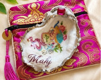 Hand-Painted Oyster Shell Trinket Dish with Dice and Silk Pouch
