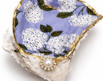 Hydrangea Oyster Shell Ring Dish | Decoupage Jewelry Tray | Gold Trim | Bridal Gift | Coastal Gift