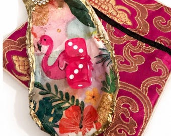 Hand-Finished Flamingo Oyster Shell Trinket Dish with Pouch | Tropical Ring Holder, Dice Tray