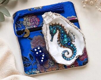 Seahorse Oyster Shell Mahjong Dice Dish Gift Set, Pouch & Dice Included, Coastal Accessory