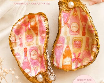 Handmade Pink Champagne Oyster Shell Ring Dish | Gold Rimmed Jewelry Holder, Home Decor