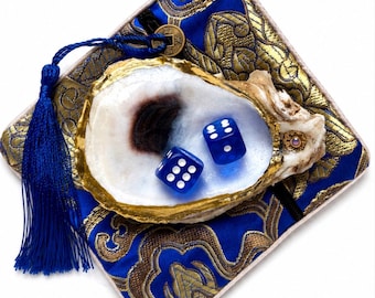 Handmade Mahjong Oyster Dice Dish or Trinket Dish with Matching Bag