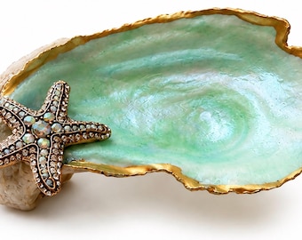 Hand-Painted Coastal Oyster Shell Trinket Dish with Jeweled Starfish