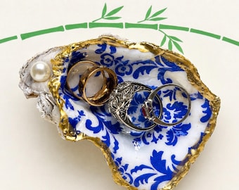 Blue and White Chinoiserie Oyster Shell Ring Dish | Coastal Jewelry Holder, Mahjong Gift