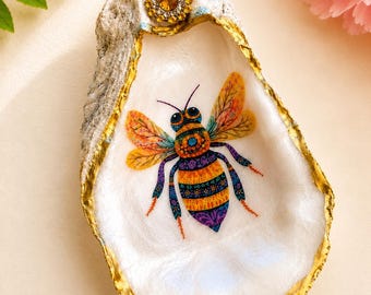 Hand-Painted Bee Oyster Shell Ring Dish, Gold Gilded Coastal Jewelry Holder