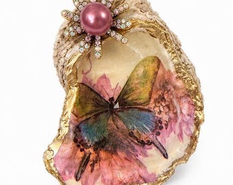 Butterfly Oyster Shell Ring Dish | Decoupage Jewelry Tray  | Vanity Decor | Handmade