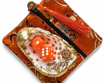Handmade Oyster Shell Dice Dish Set, Customizable Pouch/Dice Color