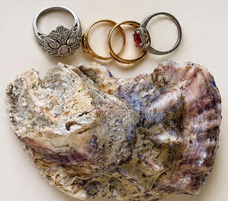 K&ouml;nnte beinhalten: Vier Ringe in einer Reihe &uuml;ber einer gro&szlig;en, strukturierten Austernschale. Die Sammlung umfasst einen silberfarbenen Ring mit filigranem Muster, zwei schlichte goldfarbene Ringe und einen silberfarbenen Ring mit einem kleinen, facettierten roten Stein.