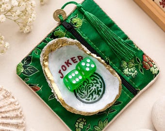 Mahjong Joker Oyster Shell Dice Dish with Green Dice, Zipper Pouch