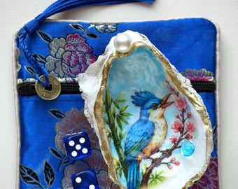 Bam Bird Oyster Shell Dice Dish, Chinoiserie Style, Decoupage Shell, Mahjong Gift
