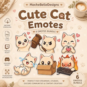 Könnte beinhalten: Ein digitales Set aus sechs niedlichen Katzen-Emotes, die eine cremefarbene Katze in verschiedenen Posen zeigen, darunter winkend, mit einem Hammer, ein Herz formend, weinend, in einem Karton sitzend und an einer Tastatur mit Flammen tippend.