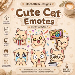 Könnte beinhalten: Ein digitales Set aus sechs Katzen-Emotes mit dem Text MocheBelleDesigns, Cute Cat Emotes und 6 Emotes Bundle. Die Illustrationen zeigen hellbraune Katzen mit verschiedenen Ausdrücken, darunter beim Popcorn-Essen, aufgeregt, mit einem GG-Schild, weinend, schockiert und beim Schreiben auf einem Notizblock.
