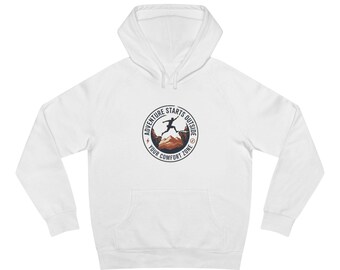 Adventure Starts Outside hoodie | Mountain Hiker emblem, Your Comfort Zone badge