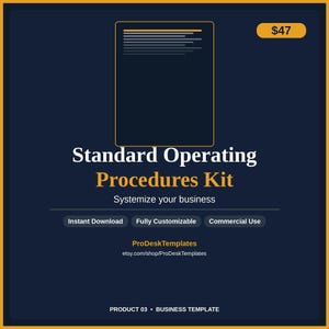 May include: A digital Standard Operating Procedures Kit template on a dark blue background. The text includes Standard Operating Procedures Kit, Systemize your business, Instant Download, Fully Customizable, Commercial Use, ProDeskTemplates, and etsy.com/shop/ProDeskTemplates.