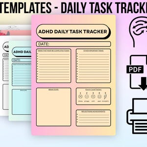 May include: Five digital templates for an ADHD daily task tracker with a gradient background. Each sheet includes sections for tasks, a brain dump, energy level tracking, and reflections. Icons for a brain, PDF file, and printer are displayed.