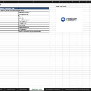 May include: A digital spreadsheet template titled Business Info with rows for business name, industry, employee count, contact details, and IT information. A logo for Cybersecurity Solutions Group featuring a blue shield icon is displayed.
