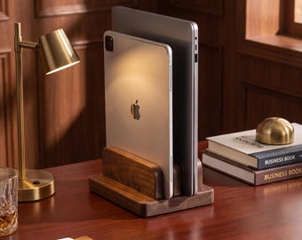 Walnut Wood Vertical Laptop Stand for Multiple Devices | Upright Dual Laptop Docking Station | Minimalist Desk Organizer & Tablet Holder