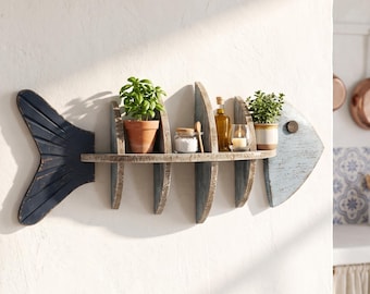 Coastal Fish Bone Wall Shelf | Handmade Nautical Wall Decor | Farmhouse Display Shelf | Wooden Fish Bone Organizer | Nursery Floating Shelf