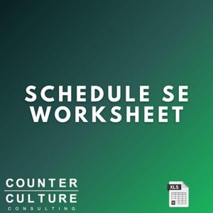 May include: A digital document titled SCHEDULE SE WORKSHEET in white sans-serif font against a dark green gradient background. The text COUNTER CULTURE CONSULTING appears in the bottom left corner, with an XLS file icon in the bottom right corner.