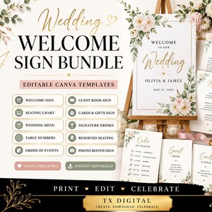 Wedding Welcome Sign Bundle Canva Template | Seating Chart | Wedding Menu | Table Numbers | Editable Wedding Signs | Instant Download