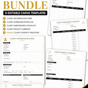 Client Management Bundle | Client Information Form, Onboarding Checklist, Communication Log & Project Summary | Editable Canva Templates