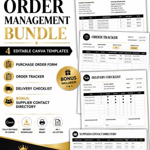 Order Management Bundle | Purchase Order Form, Order Tracker, Delivery Checklist & Supplier Directory | Editable Canva Templates