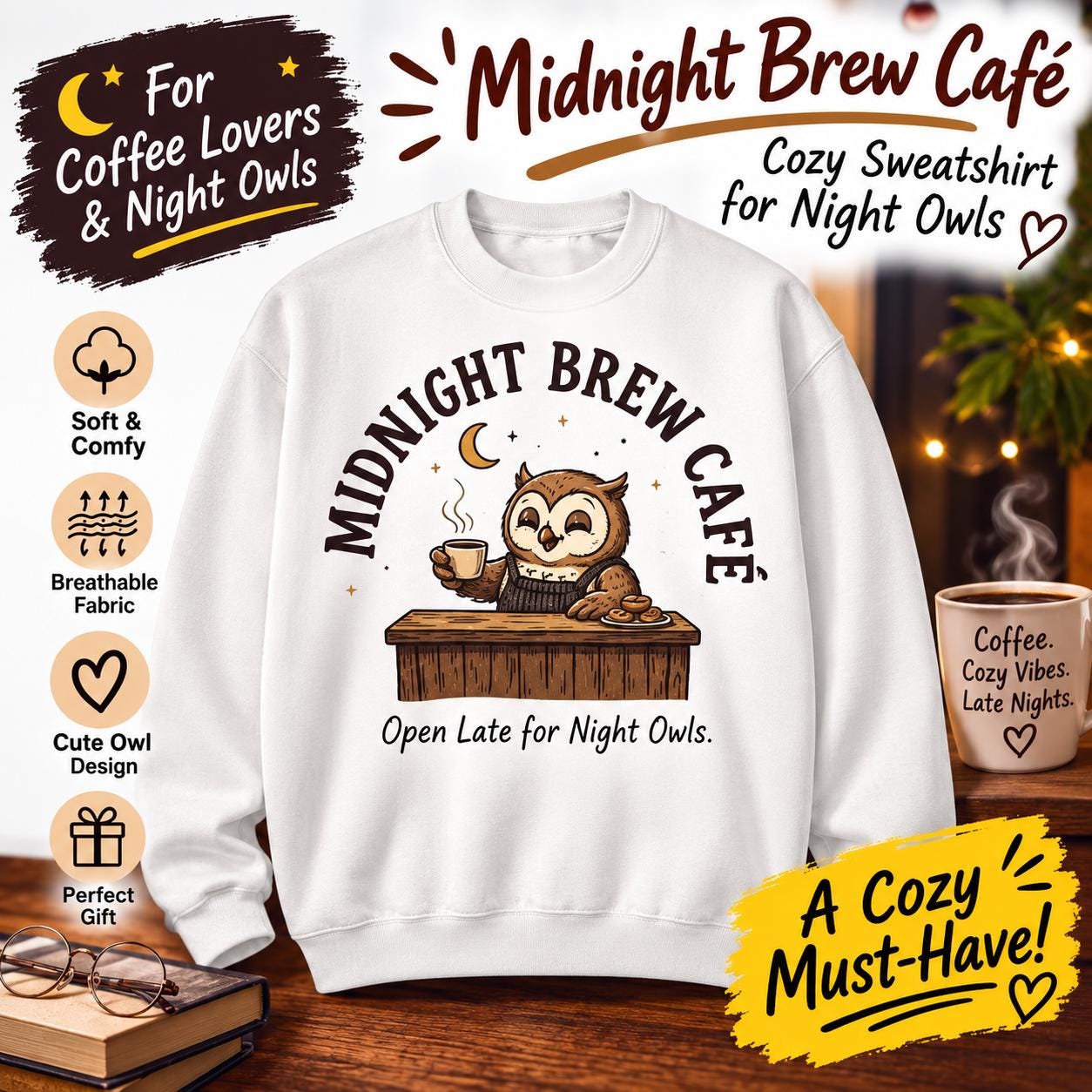 Midnight Brew Caf&eacute; owl illustration Sweatshirt | Coffee shop night owl design