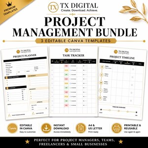 Project Management Bundle | Editable Canva Project Planner, Task Tracker & Timeline | Business Templates | Instant Download