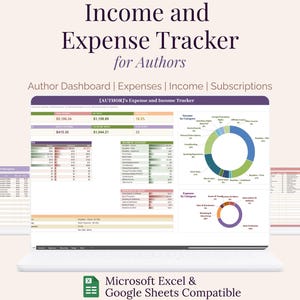 May include: A digital income and expense tracker for authors displayed on a laptop screen. The dashboard features financial data tables, pie charts, and categories for income and expenses. It is compatible with Microsoft Excel and Google Sheets.