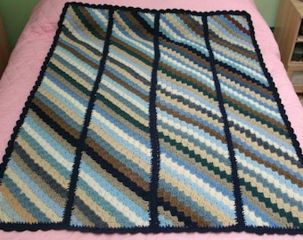 Handmade Crochet Afghan diagonal stripes blue beige brown navy 45" x 57" NEW!