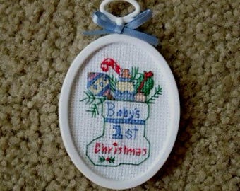 Finished completed cross stitch Christmas ornament - Baby's first 1st boy