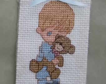 Finished completed cross stitch Christmas ornament - Baby Boy Precious Moments