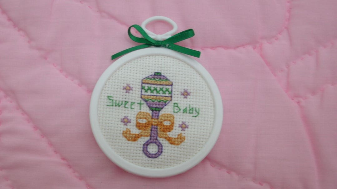 Finished Completed Cross Stitch Christmas Ornament Sweet Baby Rattle ...