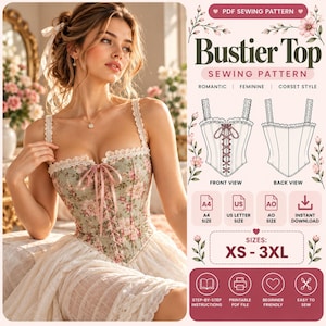 May include: A PDF sewing pattern for a bustier top featuring a floral print in sage green and pink. The pattern includes front and back technical drawings, sizing from XS to 3XL, and instructions for A4, US Letter, and A0 paper formats.