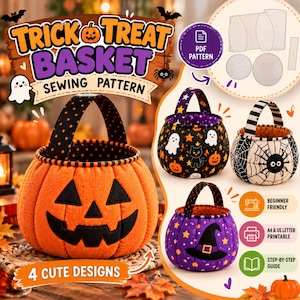 May include: A sewing pattern for a Trick or Treat basket featuring four designs. The image displays a large orange pumpkin basket, a black basket with ghosts and cats, a white spiderweb basket, and a purple basket with a witch hat.