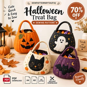 May include: Four quilted Halloween treat bags with handles, featuring a pumpkin, ghost, black cat, and bat design. The image includes text: SEWPATTERNBYTAUFIQ, Halloween Treat Bag, 70% OFF, PDF DOWNLOAD, A4, A0, US LETTER, and Beginner Friendly.