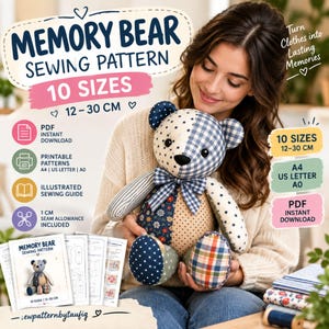 Molde em PDF para costura de Urso da Memória, 10 tamanhos de ursinho de pelúcia para guardar de recordação, tutorial para camiseta com urso da memória, molde para urso memorial para download instantâneo.