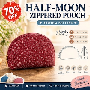 Half-Moon Zippered Pouch Sewing Pattern, 3 Sizes, Curved Coin Purse (PDF Download)