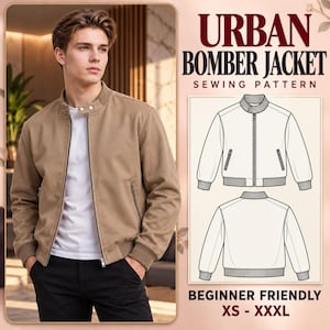 Men's Urban Bomber Jacket Sewing Pattern, Zip-Front, XS-3XL (PDF)