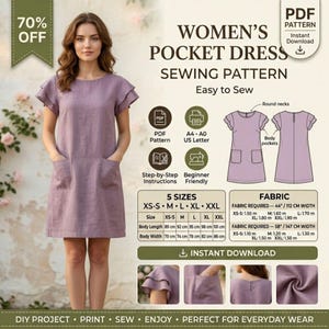 Op de afbeelding: Een digitaal naaipatroon voor een mauve jurk met zakken en ruches aan de mouwen. De afbeelding bevat de tekst WOMEN'S POCKET DRESS SEWING PATTERN, maattabellen in cm, stofvereisten en diagrammen die de voor- en achterkant van de jurk tonen.
