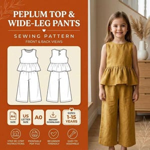 Girls Top & Pants Sewing Pattern Bundle PDF | Peplum Top + Wide Leg Pants Set | Sizes 1-15Y | A0 A4 US Letter | Instant Download