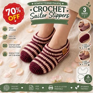 Crochet Sailor Slippers Pattern | 3 Styles (Striped, Cabled, Fair Isle) (PDF)
