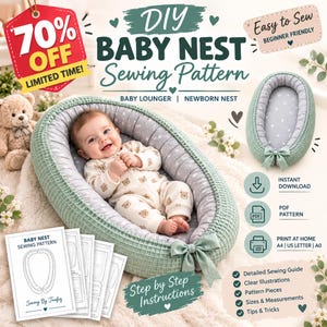 Peut inclure: Un patron de couture pour nid de bébé DIY avec un transat texturé vert sauge et un intérieur gris à motifs d'étoiles. L'image montre un bébé dans le nid, une pile de pages de patron imprimées et du texte incluant 70% OFF, Easy to Sew et Step by Step Instructions.