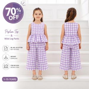 Girls Top & Pants Sewing Pattern Bundle PDF | Peplum Top + Wide Leg Pants Set | Sizes 1-15Y | A0 A4 US Letter | Instant Download
