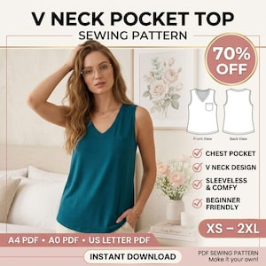 May include: A V-neck pocket top sewing pattern featuring a teal sleeveless shirt with a chest pocket. The graphic includes front and back technical sketches, text stating 70% OFF, XS-2XL sizing, and A4, A0, and US Letter PDF format options.
