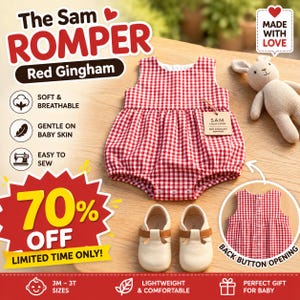 Baby Romper Sewing Pattern | Bubble Romper Pattern | Gathered Bottom Romper | Baby Sewing | 3M–3T | A4 A0 US Letter | Button Back Romper