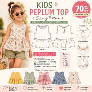 May include: A digital sewing pattern for a kids peplum top featuring a sleeveless design, gathered peplum, and keyhole back. The document includes front and back technical sketches, size charts from 1-3Y to 13-15Y, and instructions for A4, US Letter, and A0 formats.