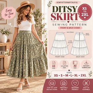 May include: A sewing pattern for a ditsy skirt by SEWPATTERNBYTAUFIQ. The pattern includes front and back views of a three-tier skirt with a waistband and back zipper. It is available in sizes XS to 2XL, with A4, US Letter, and A0 print options.